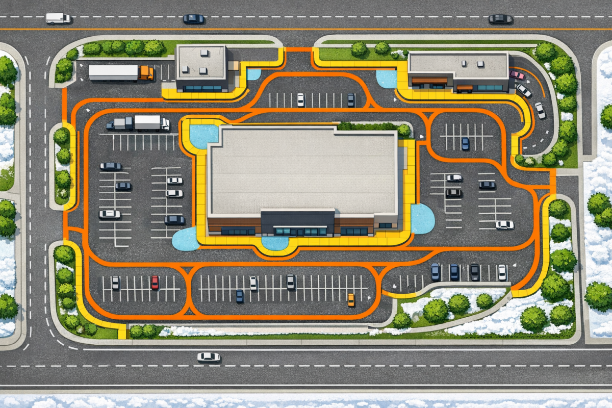 Overhead illustration of a commercial site plan marked with priority plow routes, sidewalks, and high-risk ice areas