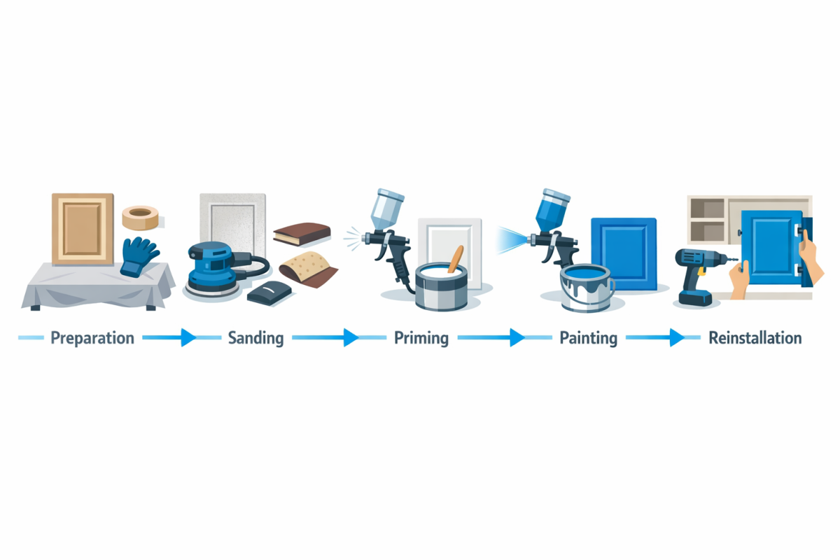 Infographic: Step-by-step process diagram for factory finish cabinet painting, from prep through final reinstallation, with estimated timeline per step