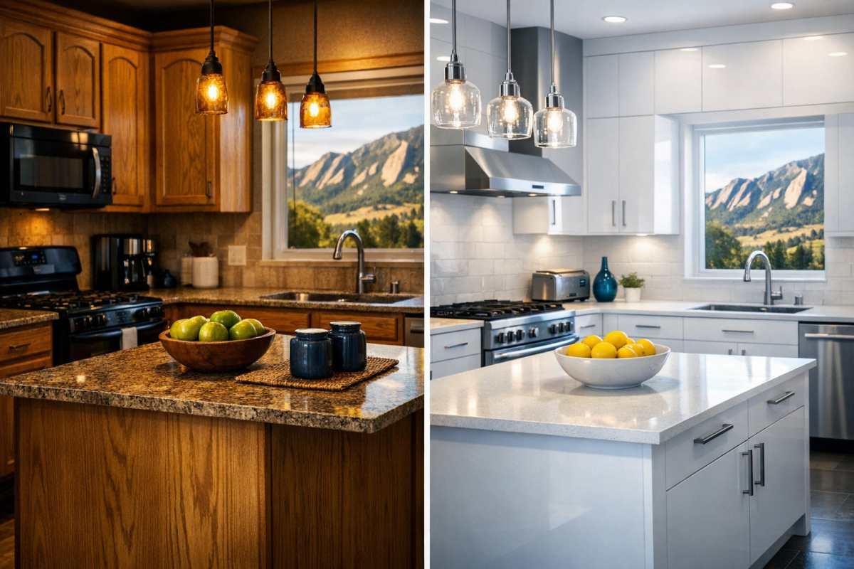 Before and after Boulder kitchen showing dated oak cabinets transformed to sleek white with new hardware
