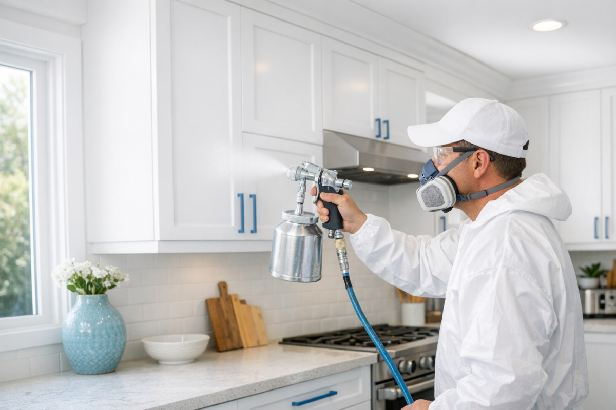 Spray kitchen cabinets with a factory finish
