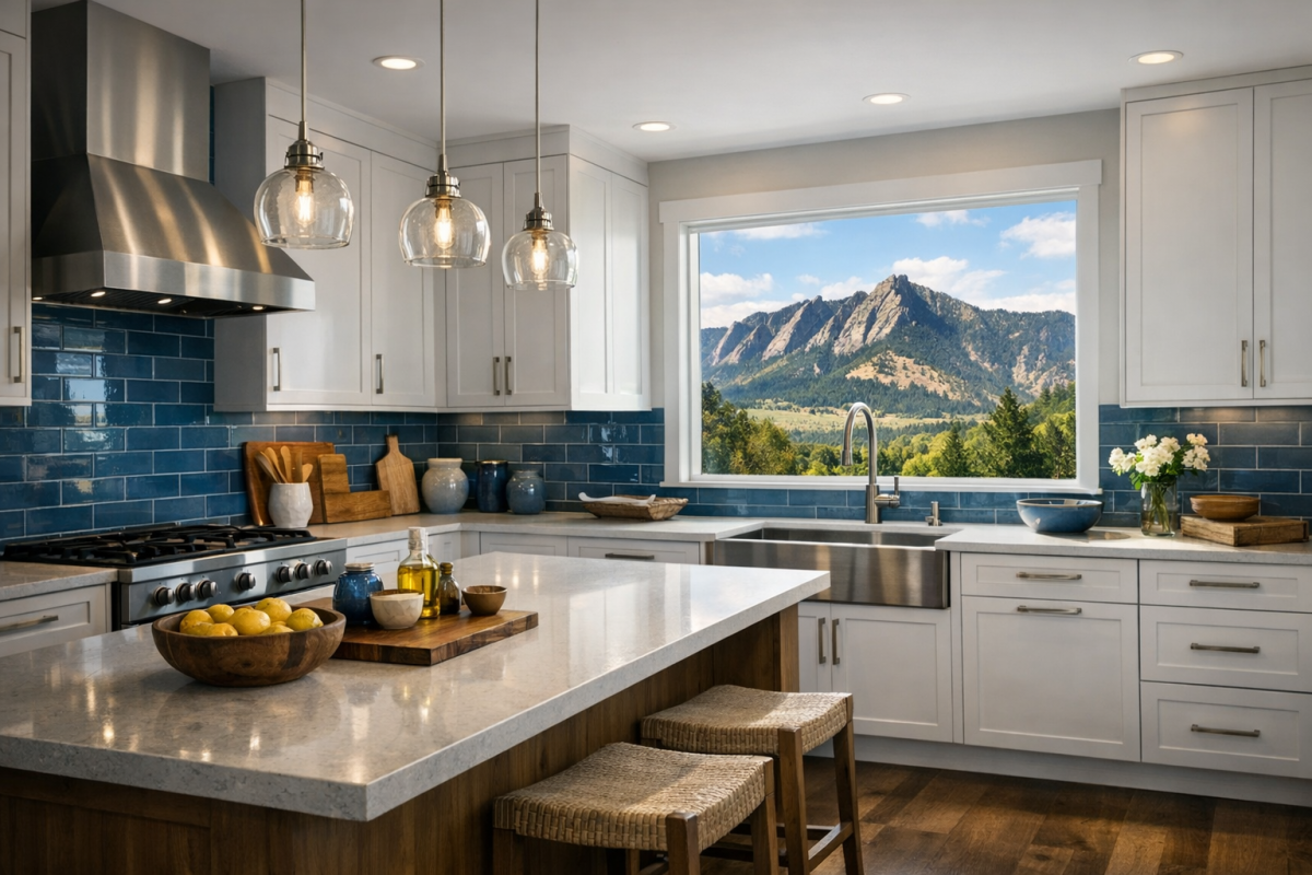 Wide cinematic shot of a refinished Boulder kitchen with smooth white cabinets, modern hardware, and mountain views through a window