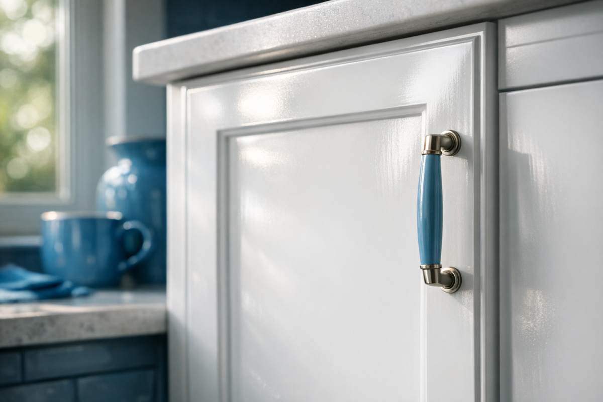 Close‑up of a freshly sprayed shaker cabinet door in a Denver kitchen, soft natural light showing smooth finish and hardware detail