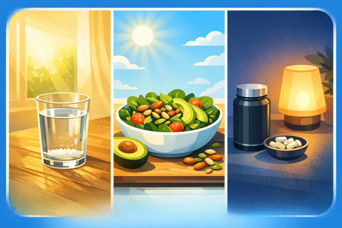 Illustration of a daily timeline showing morning salted water, midday potassium-rich salad, and evening magnesium supplement