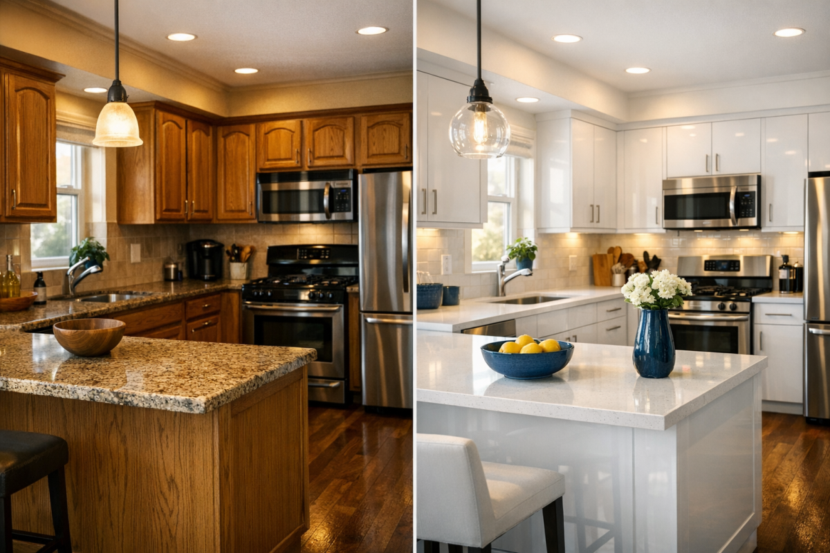 Before-and-after cinematic shot of a Denver kitchen, same angle, dated oak cabinets transformed to smooth white sprayed finish