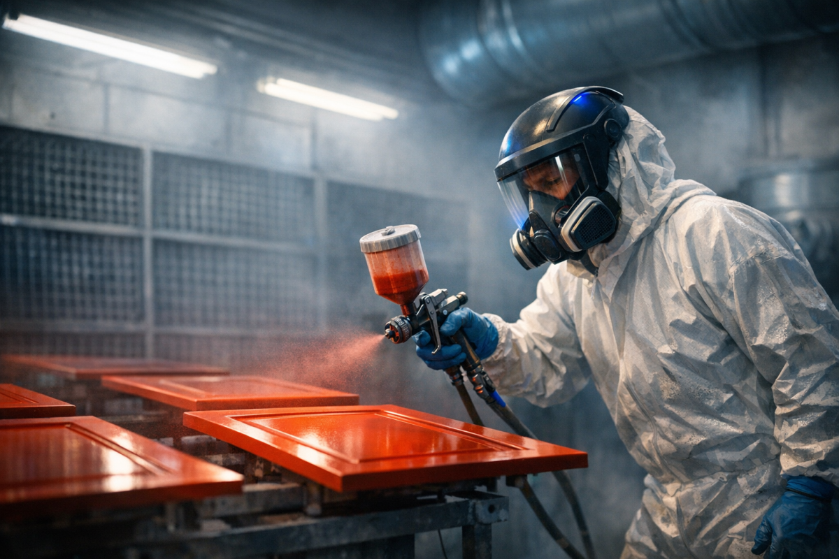 Professional refinisher spraying cabinet doors in a controlled booth with proper ventilation and PPE
