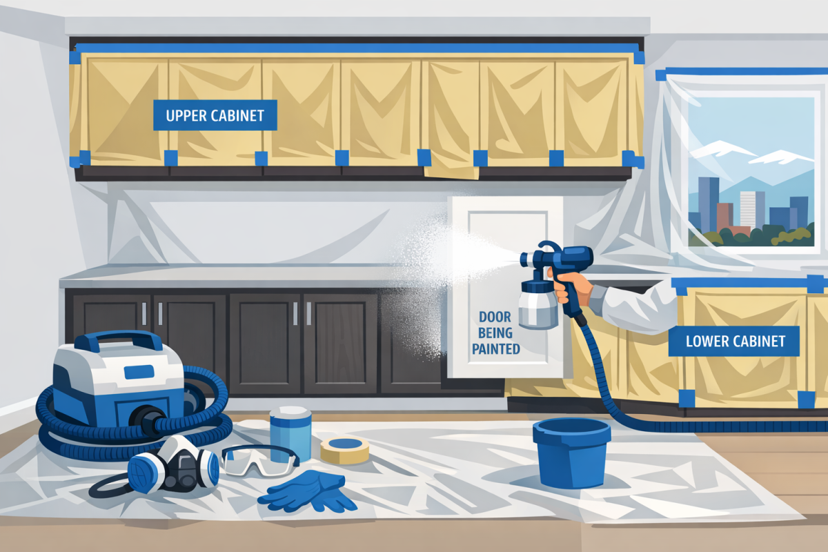 Illustration of a professional refinishing setup with masked kitchen, spraying equipment, and labeled cabinet doors