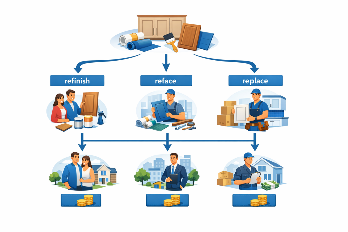 Infographic: Flowchart showing decision path between refinish, reface, or replace, with branches for homeowner, investor, and flipper use cases and corresponding budget ranges