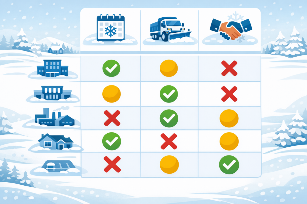 Infographic: Comparison chart of contract types (seasonal, per‑push, hybrid) vs property types, showing which combinations are “ideal,” “acceptable,” or “poor fit.”