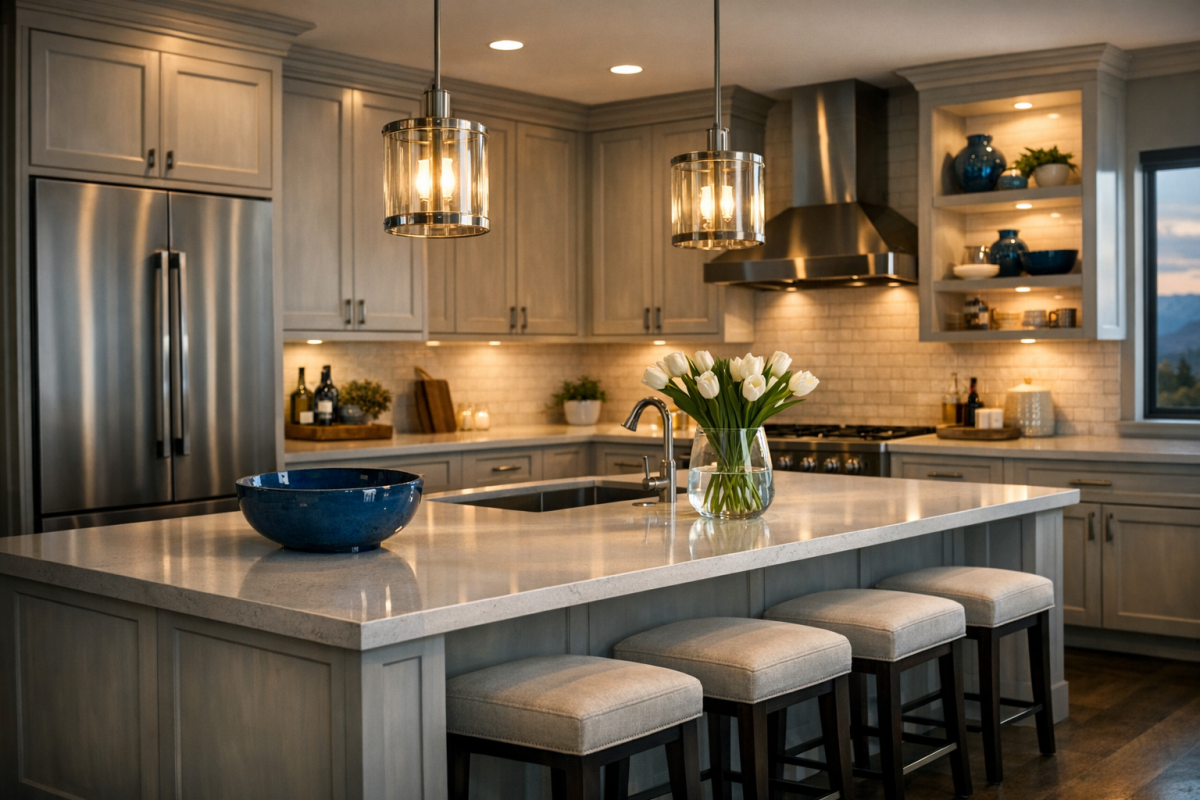 Cinematic wide shot of a Denver metro kitchen with soft white cabinets, subtle gray glaze, quartz counters, and modern fixtures