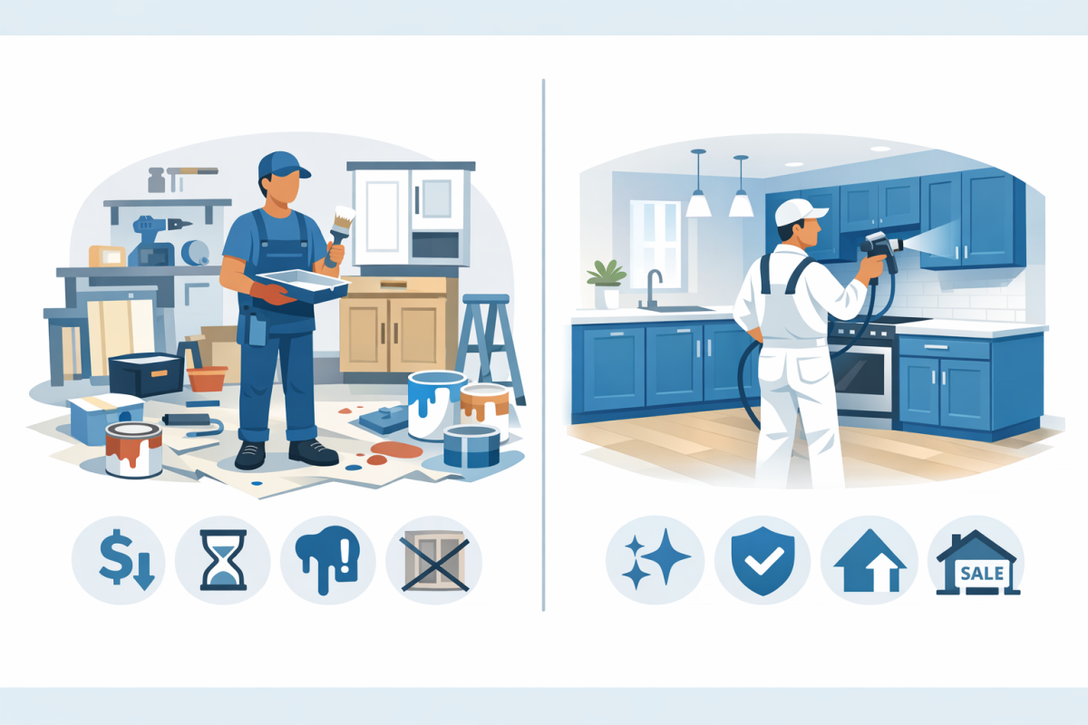 Infographic: Comparison chart showing DIY vs professional cabinet painting: cost, time, finish quality, risk level, and impact on resale/rent rates