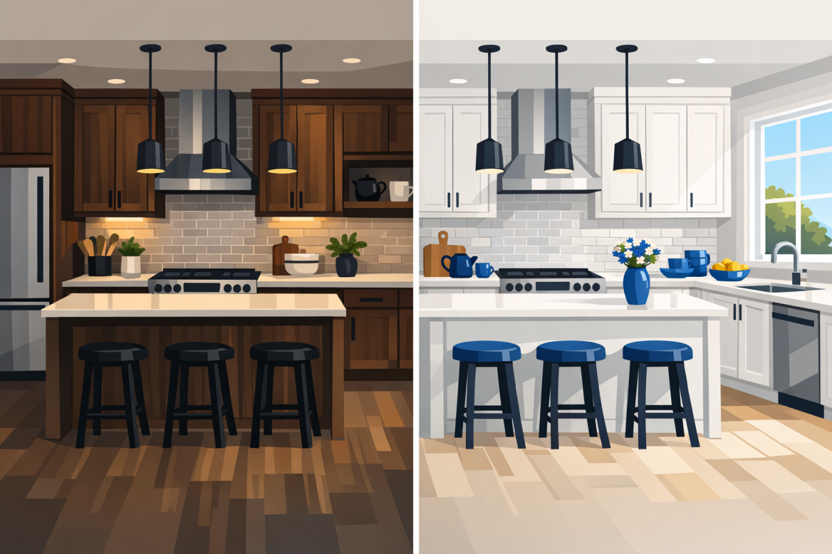 Side‑by‑side illustration of a dark wood kitchen next to the same kitchen with light painted cabinets