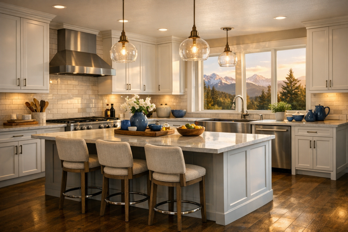 Wide shot of a modern refinished white kitchen in a Denver home with mountain light coming through windows