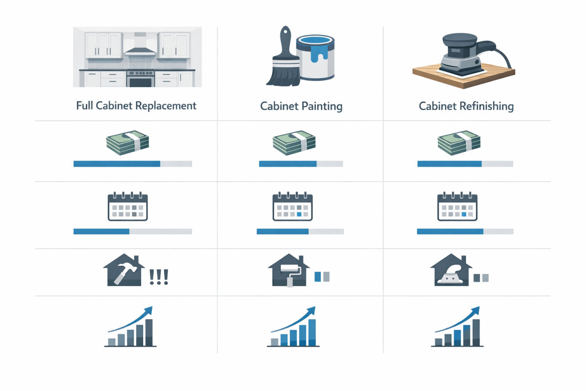 Infographic: Side-by-side comparison chart showing “Full cabinet replacement vs cabinet painting vs cabinet refinishing” with cost range, timeline, disruption level, and ROI