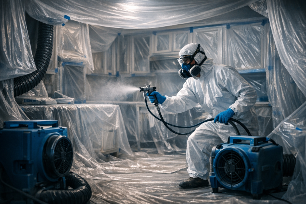 Wide shot of a kitchen fully masked for spraying, plastic sheeting, ventilation equipment, and a technician in protective gear