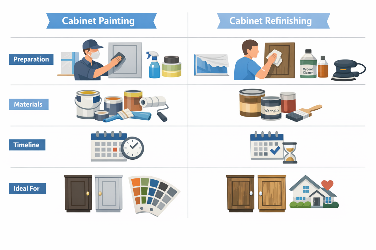 Infographic: Side-by-side comparison flowchart of "Cabinet Painting" vs "Cabinet Refinishing" processes, including prep, materials, timelines, and ideal use cases