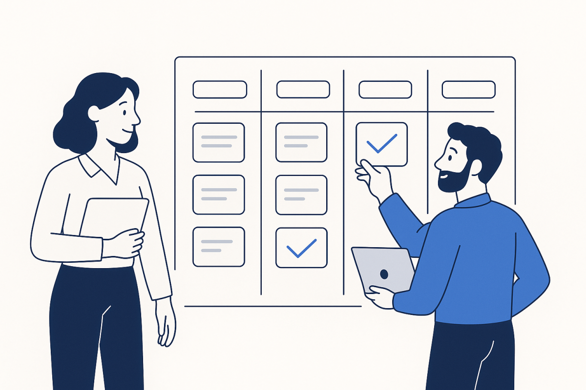 Product manager and engineer prioritizing tasks on a Kanban board