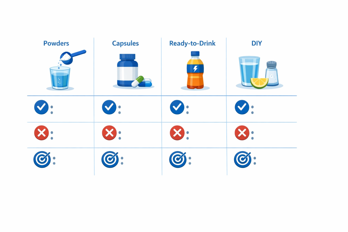 Infographic: Comparison chart of powders, capsules, ready-to-drink, and DIY options, showing pros, cons, and best use cases for each format