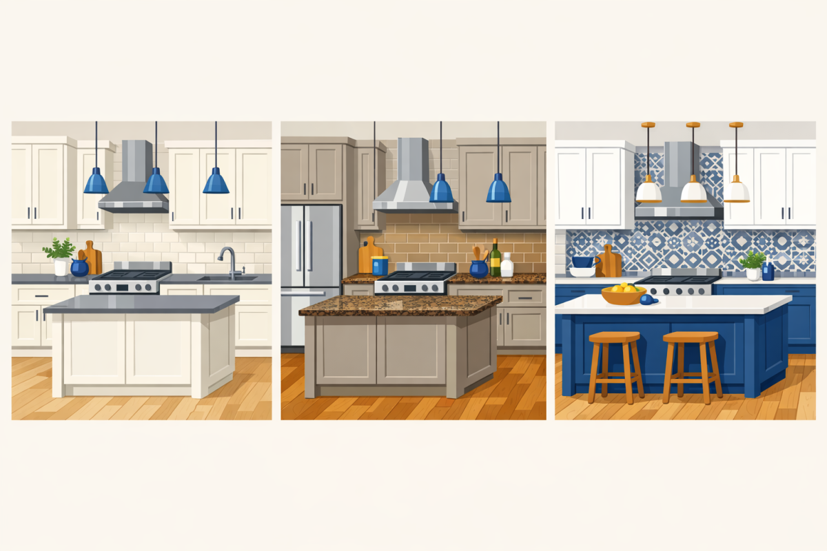 Infographic: Side‑by‑side visual guide showing three successful color schemes for Denver kitchens: 1) warm white + light wood floor + gray quartz, 2) greige cabinets + existing brown granite + medium oak floor, 3) white uppers + navy island + patterned tile backsplash