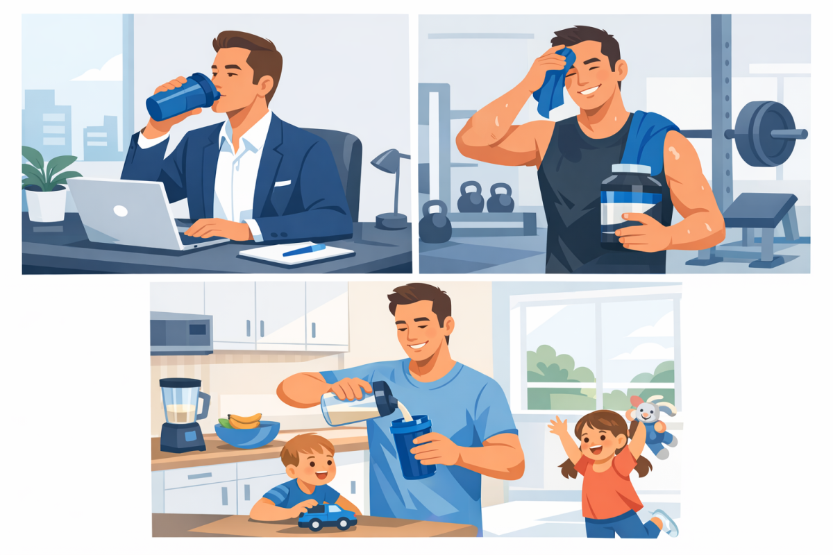 Illustration of three different people using whey in different contexts: at a desk, post-gym, and at home with kids