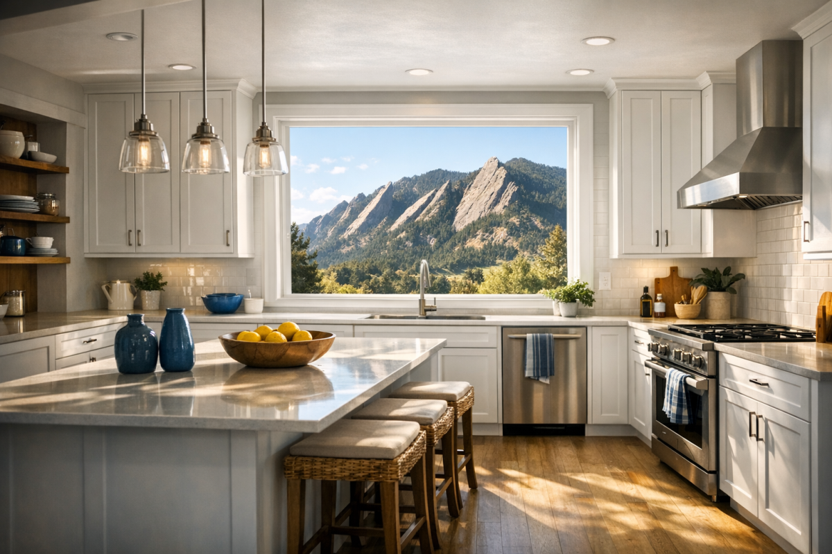 Wide kitchen shot in a Boulder home, showcasing freshly refinished white shaker cabinets with natural light and Flatirons visible through the window