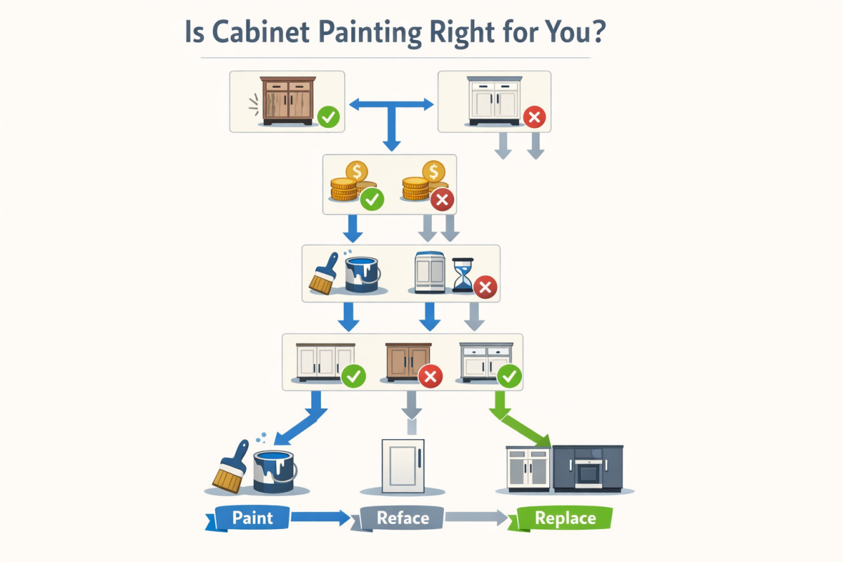 Infographic: Flowchart showing “Is cabinet painting right for you?” with branches for cabinet condition, budget, timeline, and desired style outcome, leading to “Paint,” “Reface,” or “Replace”