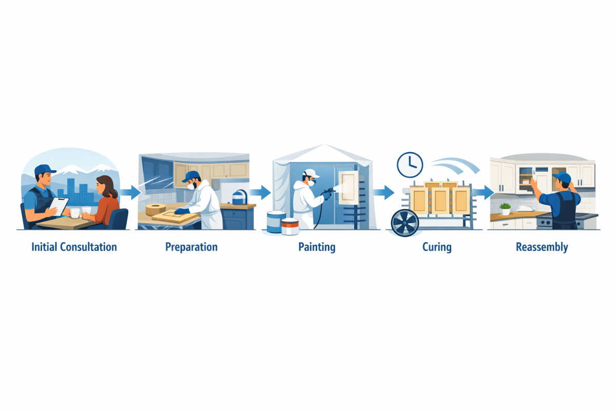 Infographic: Step-by-step cabinet painting process timeline, from initial consultation through curing and reassembly, with typical durations per stage for a standard Denver kitchen
