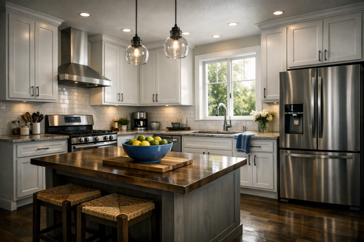 Wide shot of a modern Denver rental kitchen with refinished white cabinets and stainless appliances