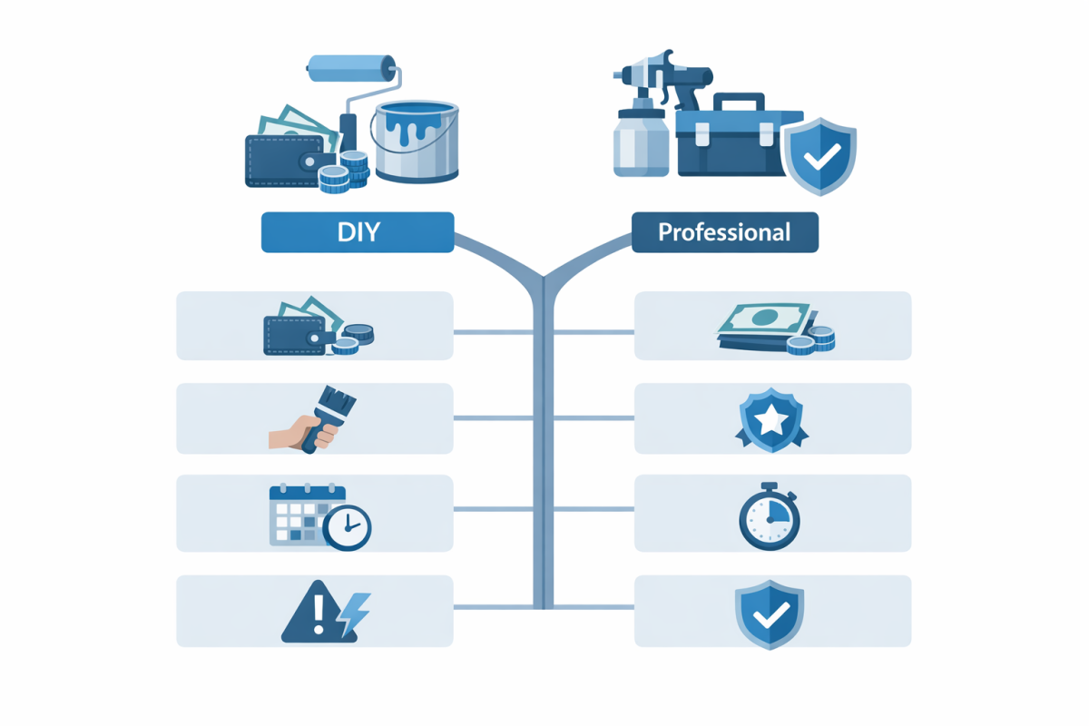 Infographic: Flowchart comparing DIY vs Professional cabinet painting with branches for budget, skill level, project timeline, and risk tolerance