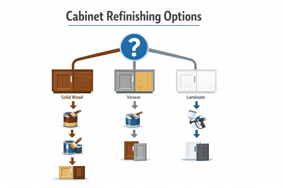 Infographic: Flowchart showing the decision path from existing cabinet type to best refinishing option, with branches for solid wood vs veneer vs laminate, and recommendations for stain, paint, or partial replacement