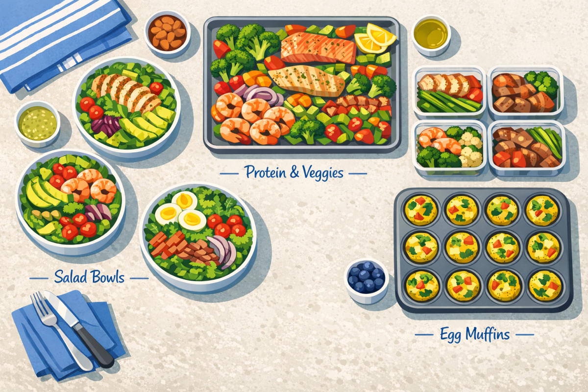 Overhead illustration of labeled meal prep containers with keto meals (salad bowls, sheet pan proteins, egg muffins) on a kitchen counter