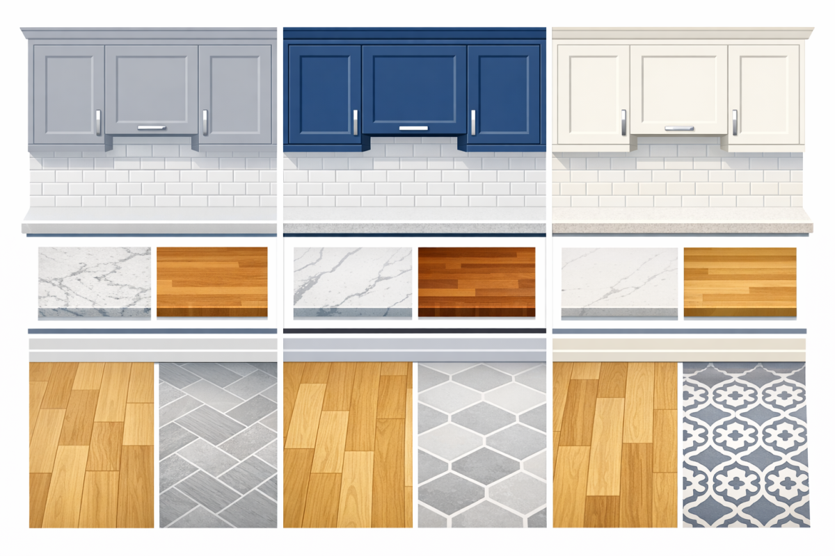 Infographic: Side by side comparison chart showing popular Boulder County cabinet color schemes with matching countertop and flooring recommendations for resale