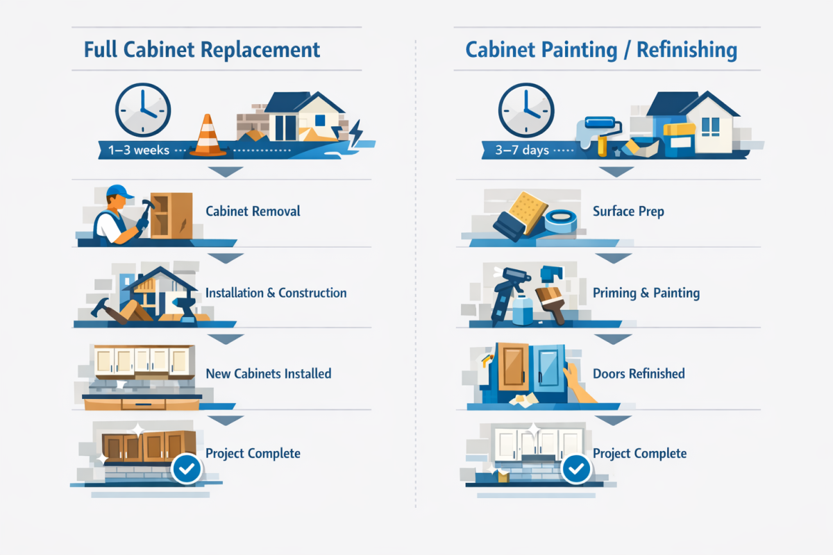 Infographic: Side‑by‑side visual timeline of "Full Cabinet Replacement" vs "Cabinet Painting/Refinishing" showing duration, disruption level, and key milestones