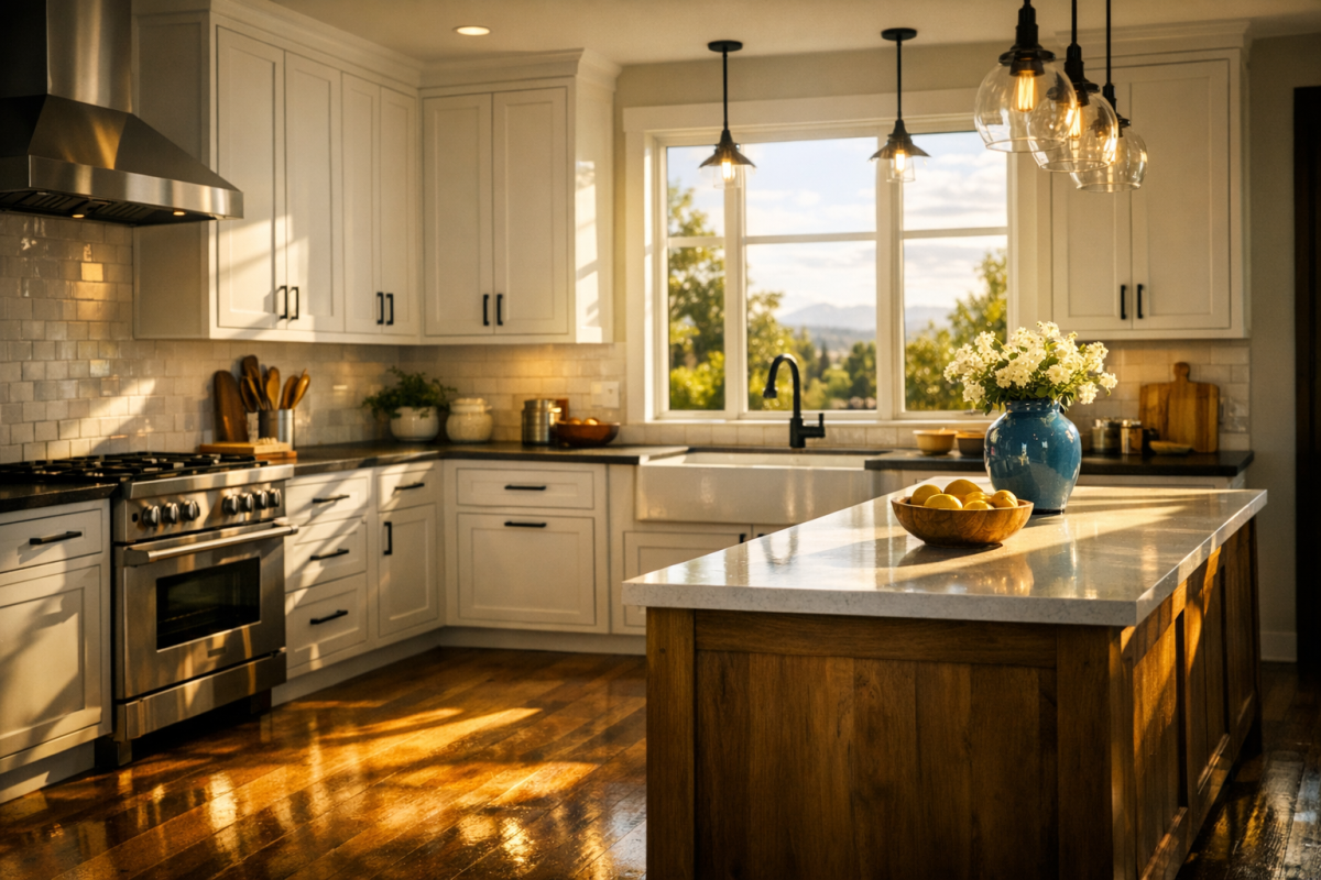 Bright, modern Boulder County kitchen with freshly painted white shaker cabinets and black hardware, sunlight streaming through large windows