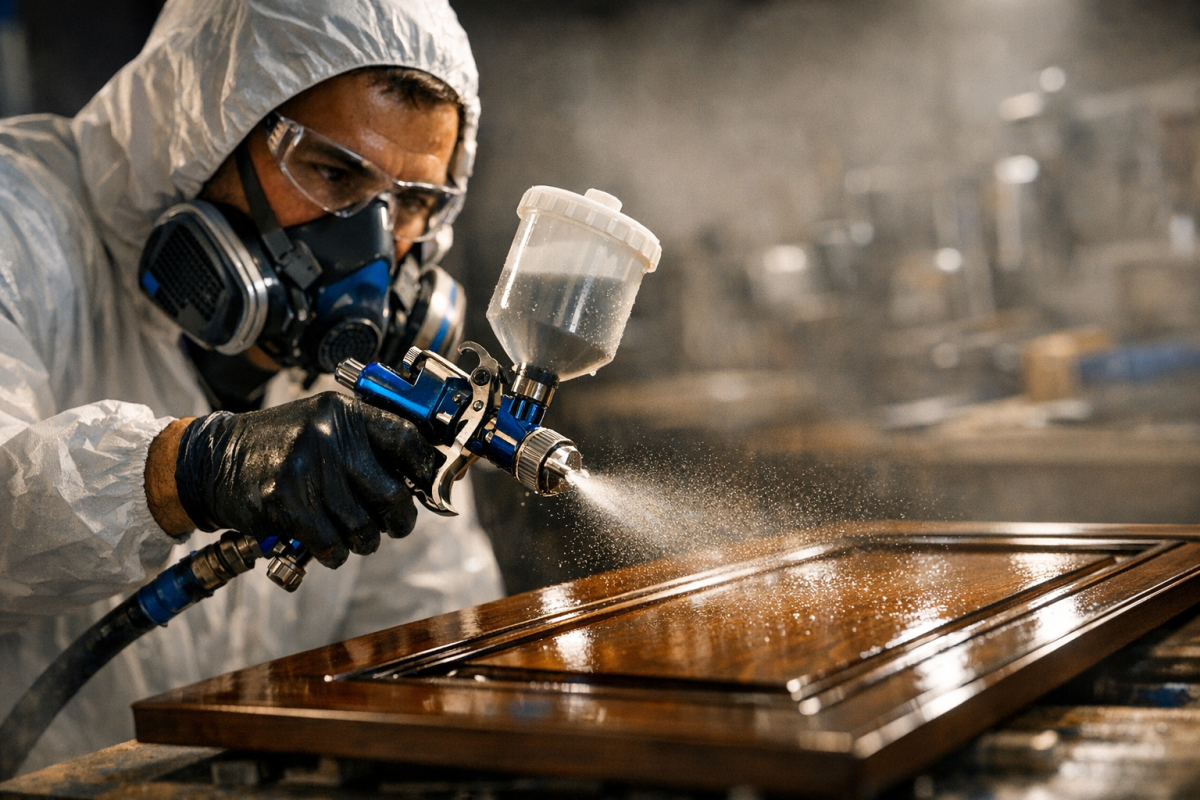Cinematic close-up of a professional refinisher spraying cabinet doors in a controlled shop environment, with protective gear