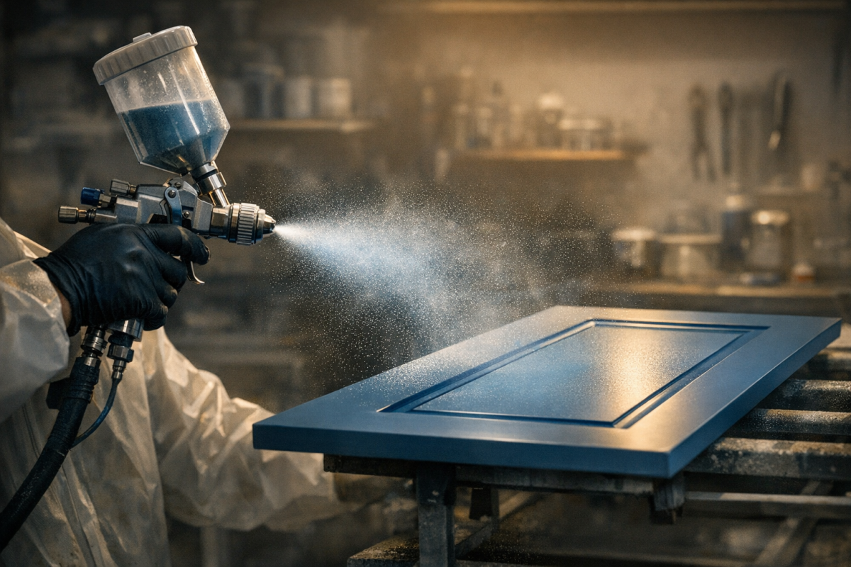Close‑up cinematic shot of a professional spraying cabinet doors in a controlled shop environment, fine paint mist visible in light