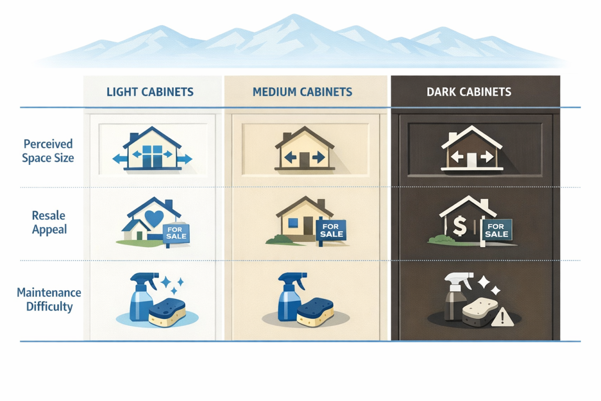 Infographic: Side-by-side comparison chart showing cabinet color options vs. perceived space size, resale appeal, and maintenance difficulty for Colorado homes