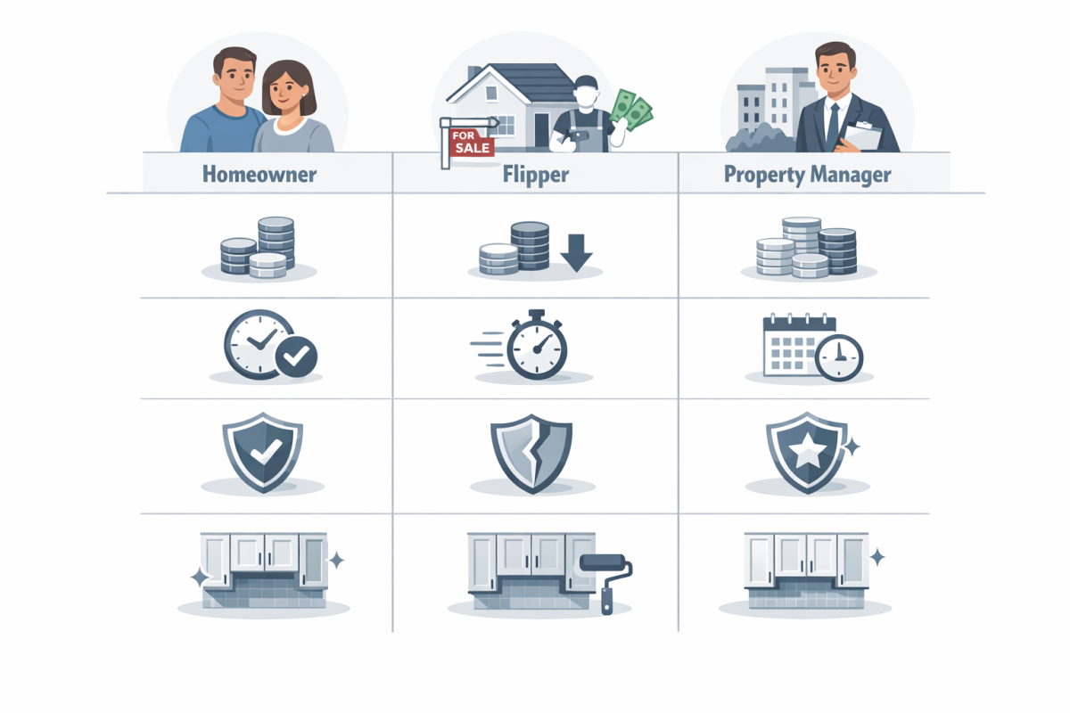 Infographic: Comparison chart showing best cabinet painting approaches for three segments: homeowners, flippers, property managers (columns) against priorities like cost, speed, durability, and appearance (rows)