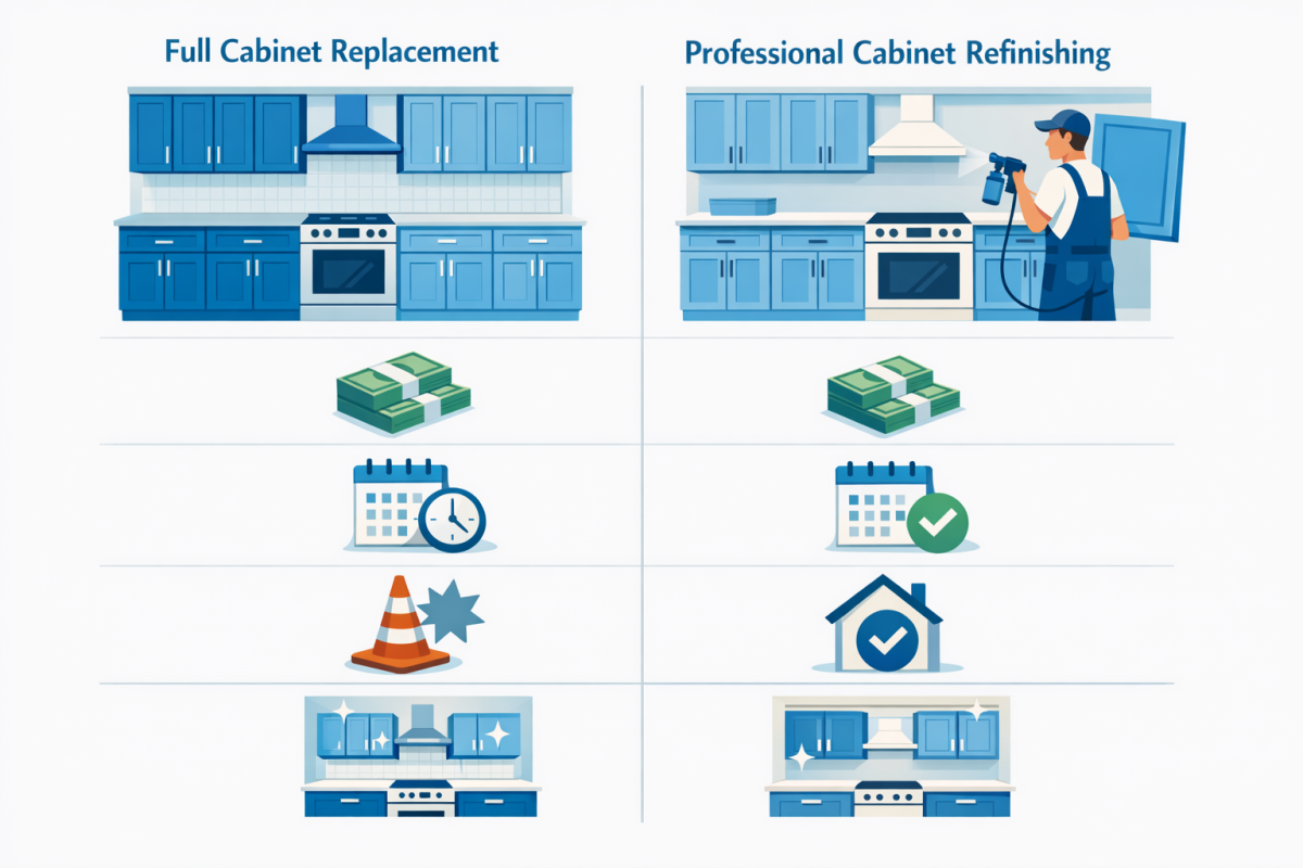 Infographic: Side by side comparison of "Full Cabinet Replacement" vs "Professional Cabinet Refinishing," showing cost range, project timeline, disruption level, and visual impact for each option