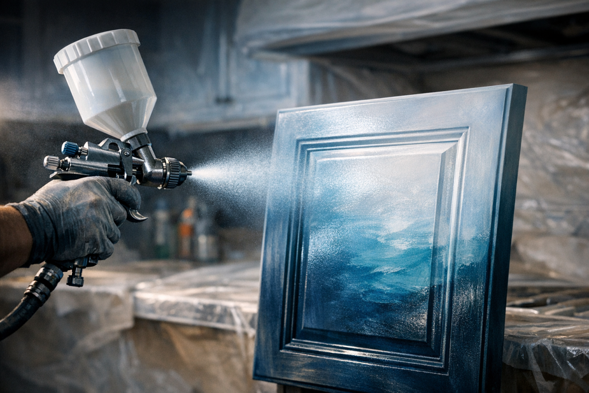 Close-up of a cabinet door being sprayed in a well-masked kitchen, with visible fine mist from an HVLP gun