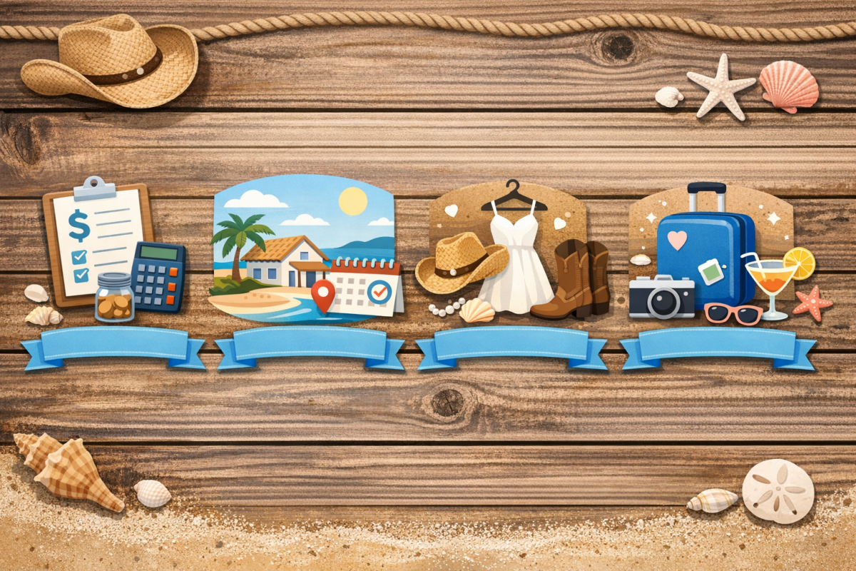 Infographic: A step-by-step coastal cowgirl bachelorette planning timeline, from 8 weeks out to party day, showing tasks such as setting budget, booking location, assigning decor, planning outfits, confirming food, and final packing checklist