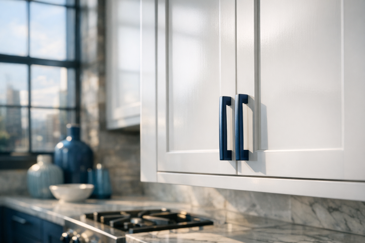 Close-up of sleek, modern white shaker cabinets with a perfectly smooth sprayed finish in a Denver loft kitchen