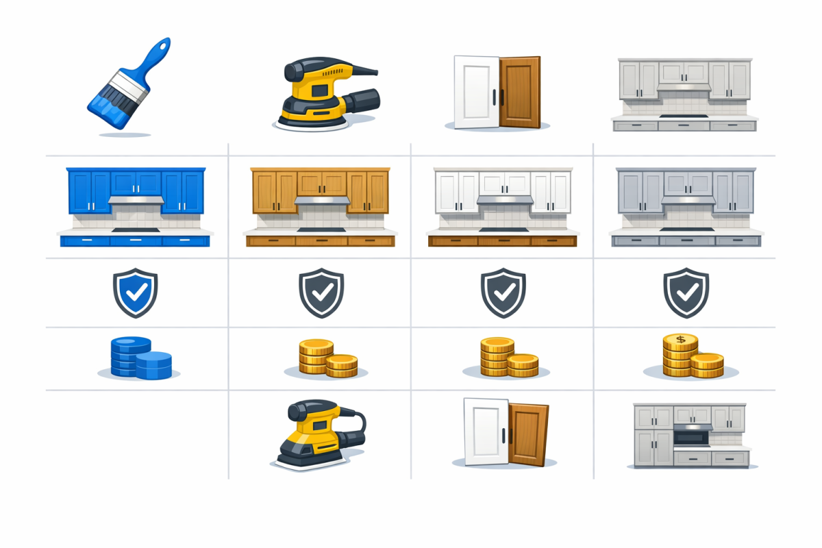 Infographic: Comparison chart showing cost vs durability for cabinet repainting, refinishing, refacing, and full replacement, highlighting repainting as high durability for relatively low cost