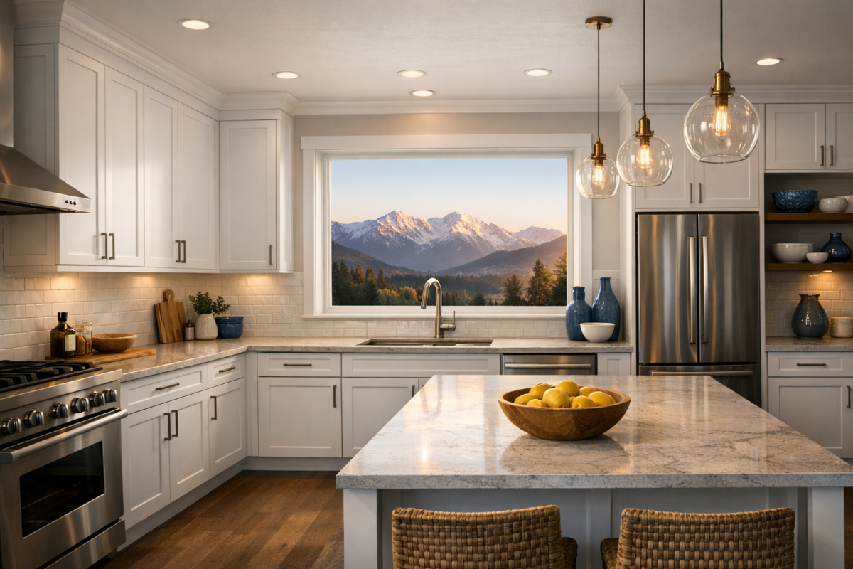Wide kitchen shot of freshly refinished satin white shaker cabinets in a Denver home, mountain view through window