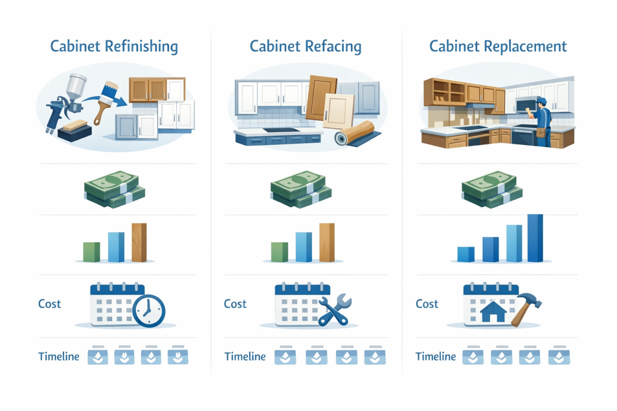 Infographic: Side by side cost and timeline comparison chart of refinishing vs refacing vs full replacement for a typical 10x10 Denver kitchen