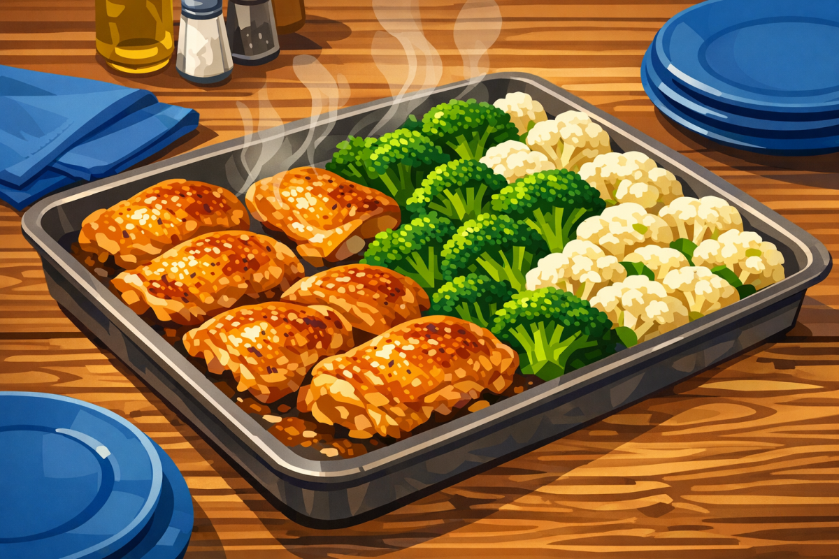 Illustration of a sheet-pan dinner with chicken thighs, broccoli, and cauliflower, fresh out of the oven