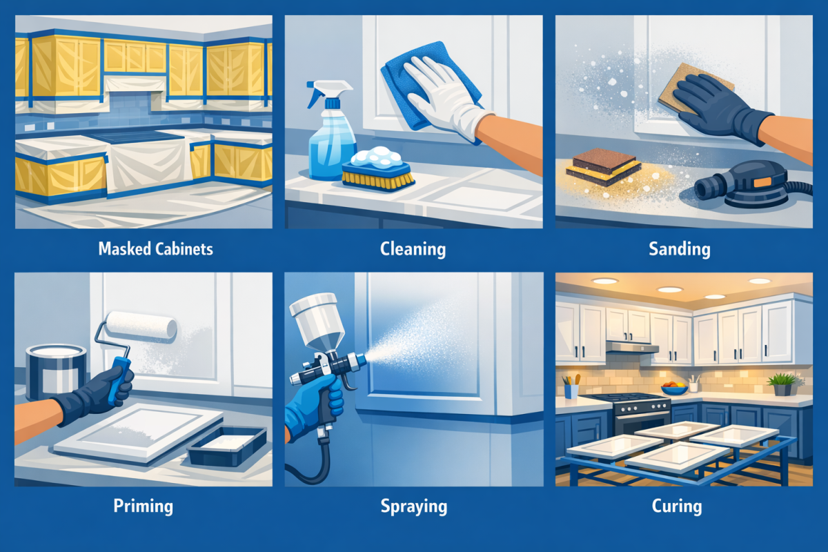 Infographic: Step-by-step process diagram of professional cabinet painting, from masking and labeling through cleaning, sanding, priming, spraying, curing, and reinstallation