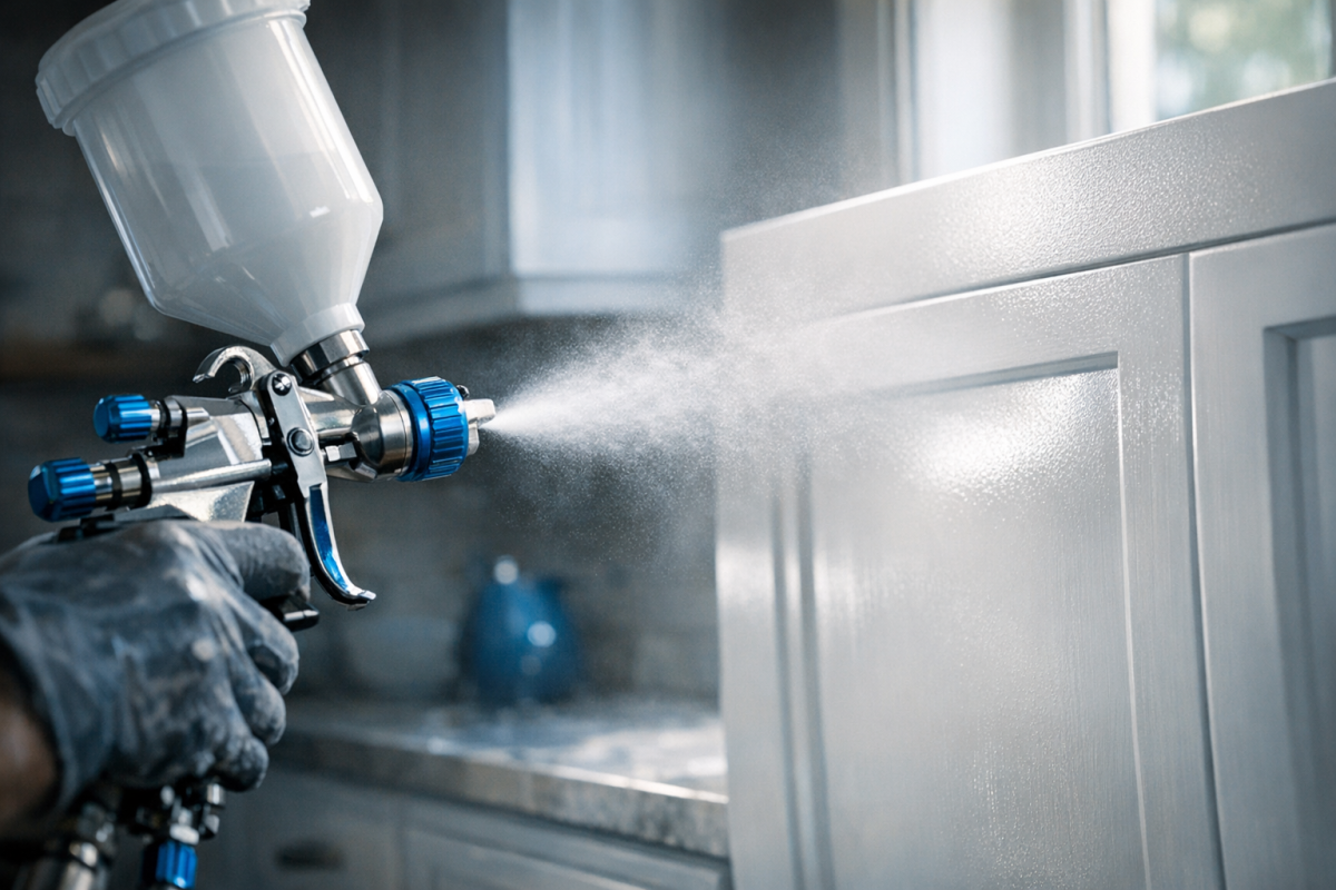 Close-up of a spray gun applying paint to Shaker cabinet doors in a Lakewood kitchen