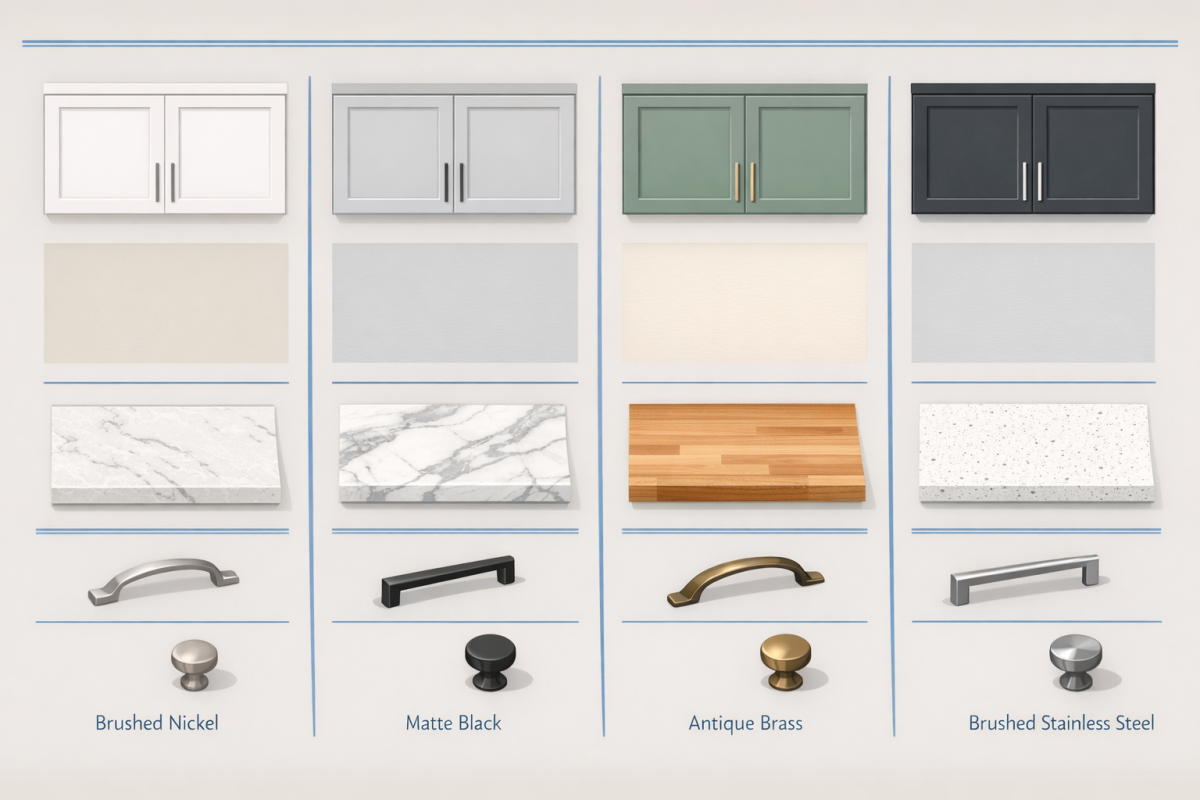 Infographic: Side‑by‑side comparison chart showing 4 popular cabinet color schemes in Lafayette CO, with recommended wall colors, countertop types, and hardware finishes for each