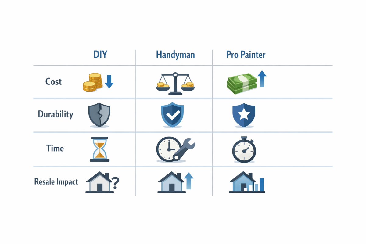 Infographic: Comparison chart showing "DIY vs Handyman vs Professional Cabinet Painter" with rows for cost, durability, time, and resale impact