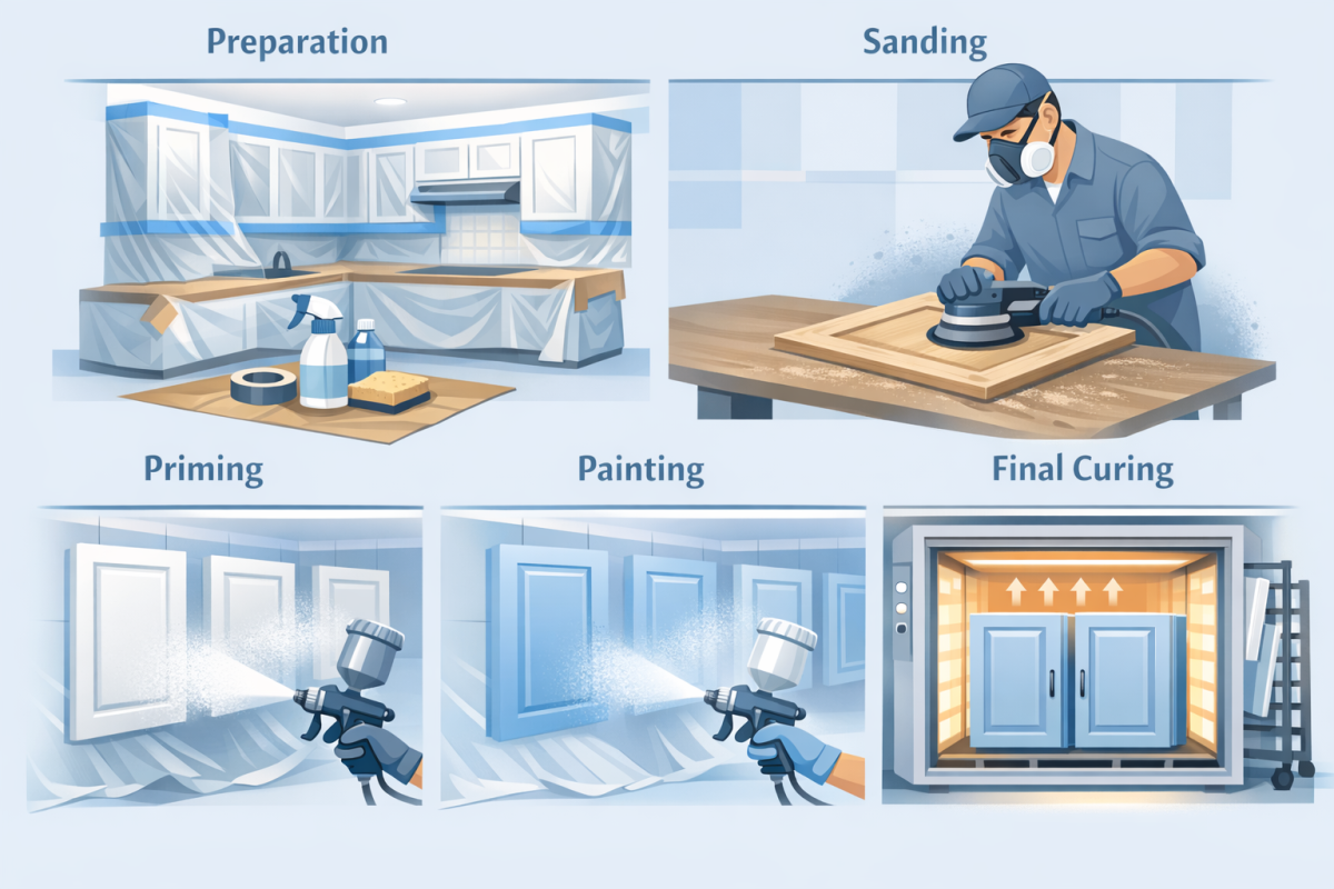 Infographic: Step-by-step process diagram showing the factory finish refinishing process from prep to final cure